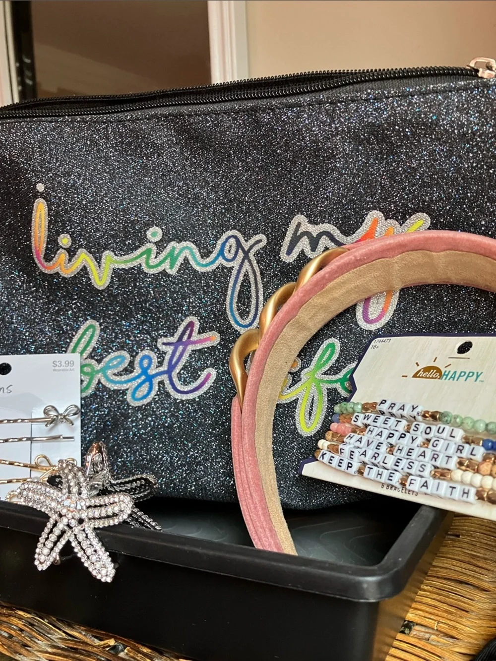 Glitter Black 'Living My Best Life' Cosmetic Pouch w/FREE- hair accessories&MORE